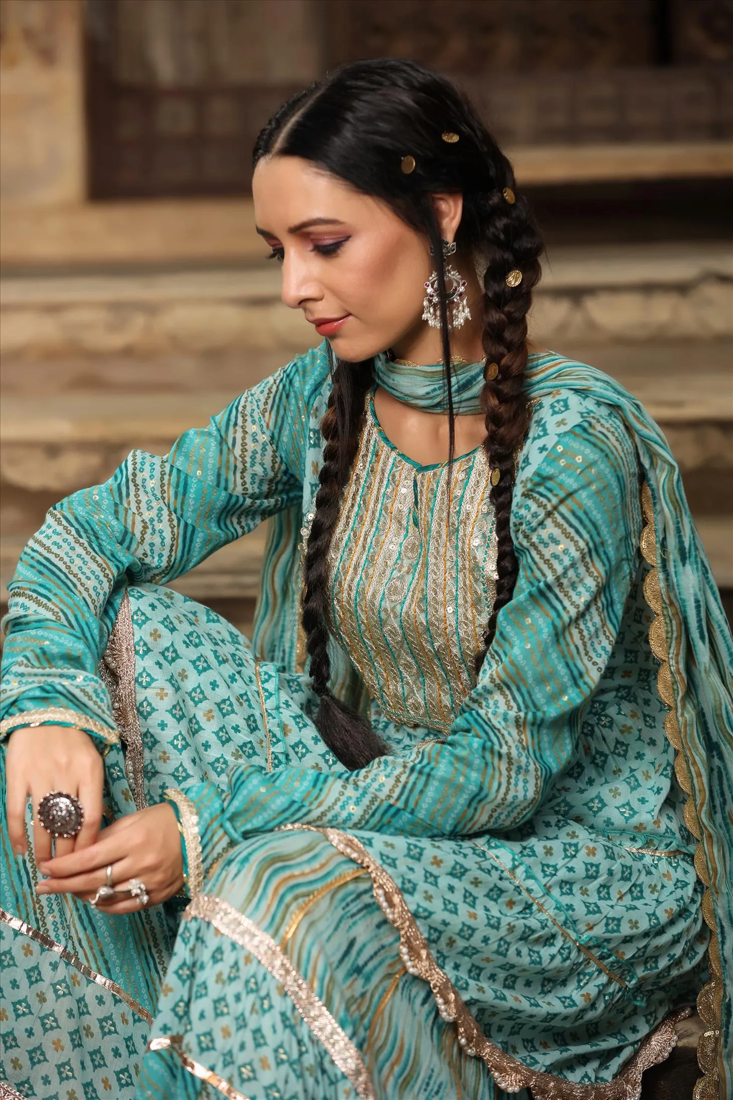 Blue Mul Cotton Gota Front Slit Kurti Sharara Dupatta Set