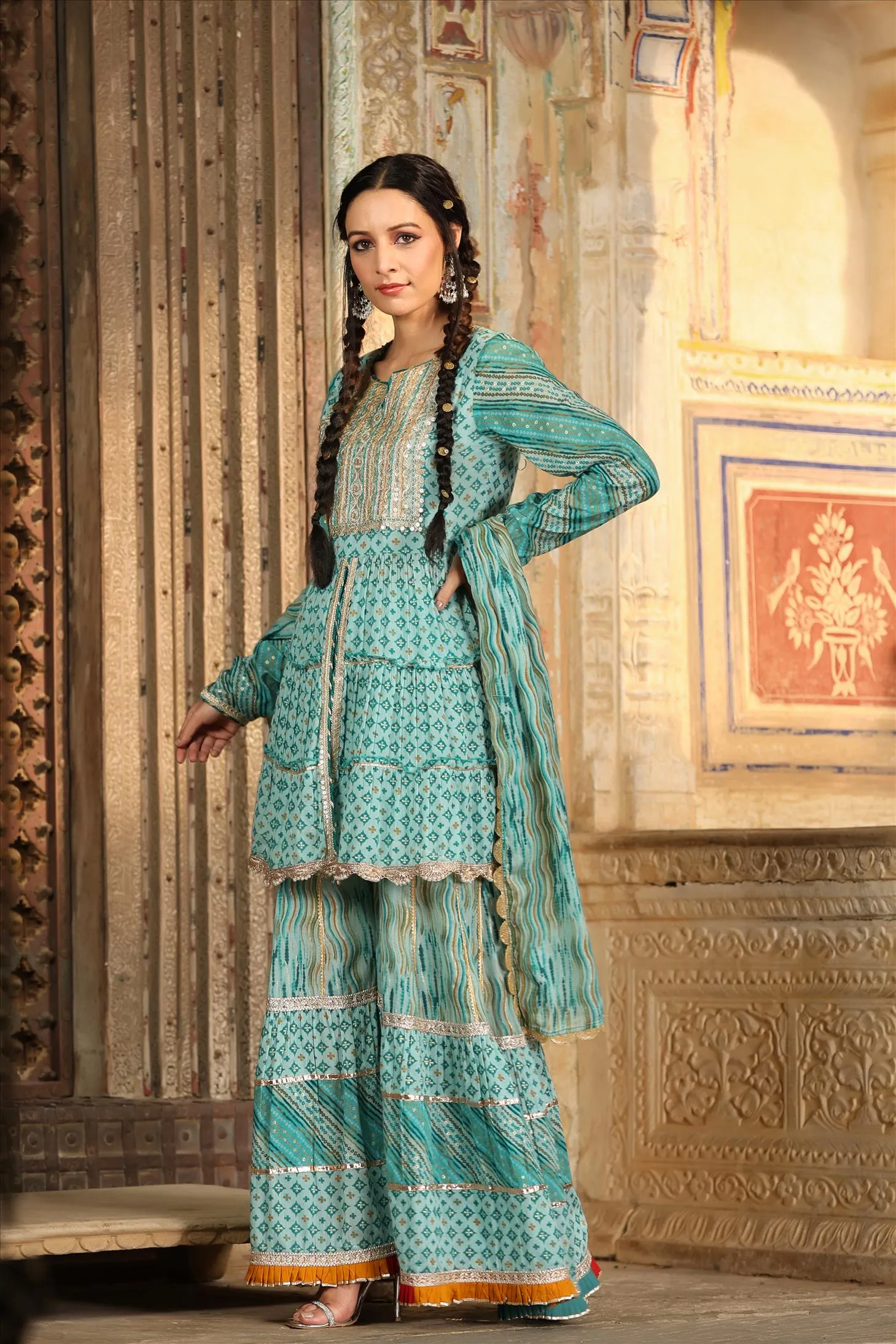 Blue Mul Cotton Gota Front Slit Kurti Sharara Dupatta Set