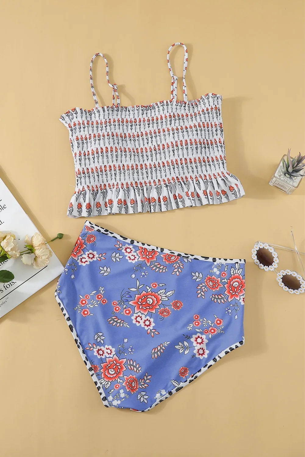 Blue Printed Smocked High waisted swimsuits
