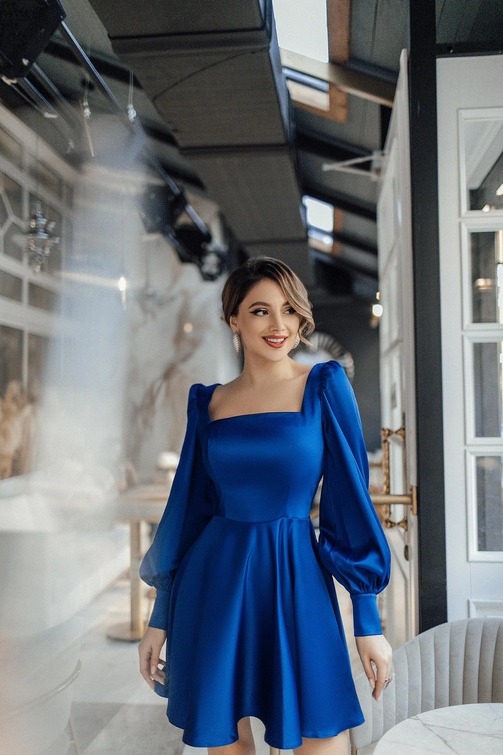 Blue Satin Long Sleeve Mini Dress