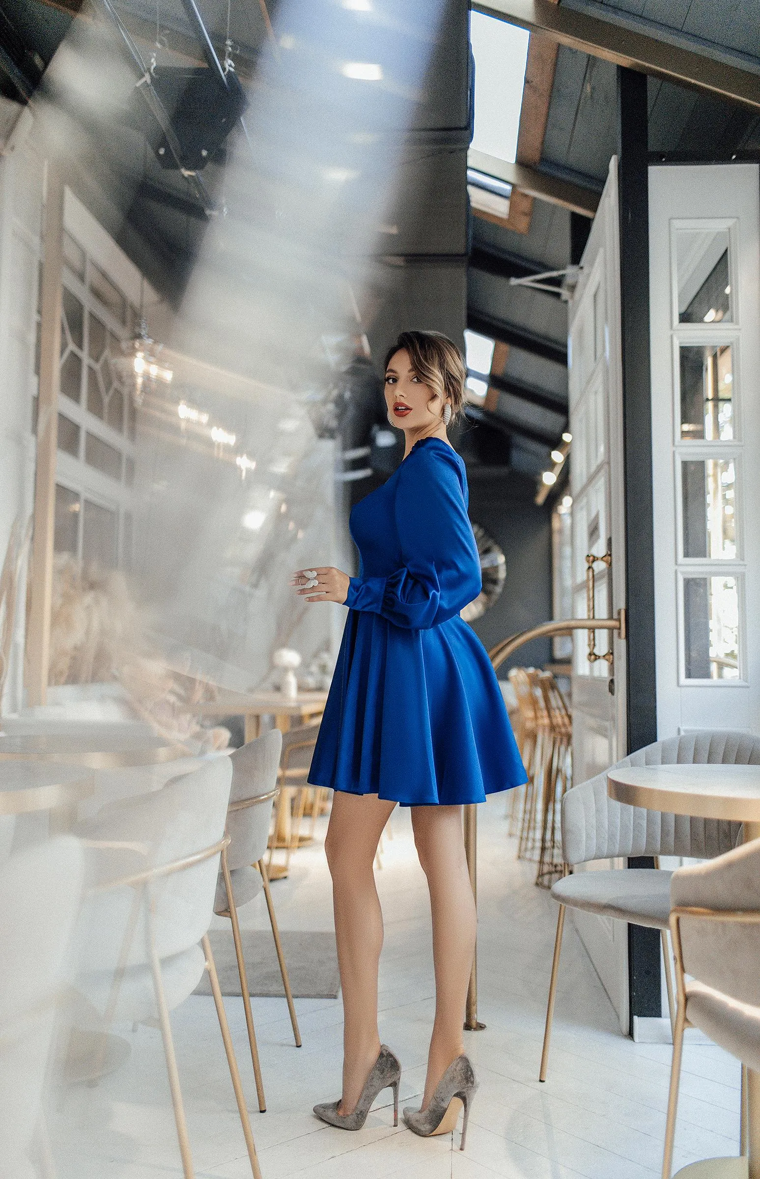 Blue Satin Long Sleeve Mini Dress