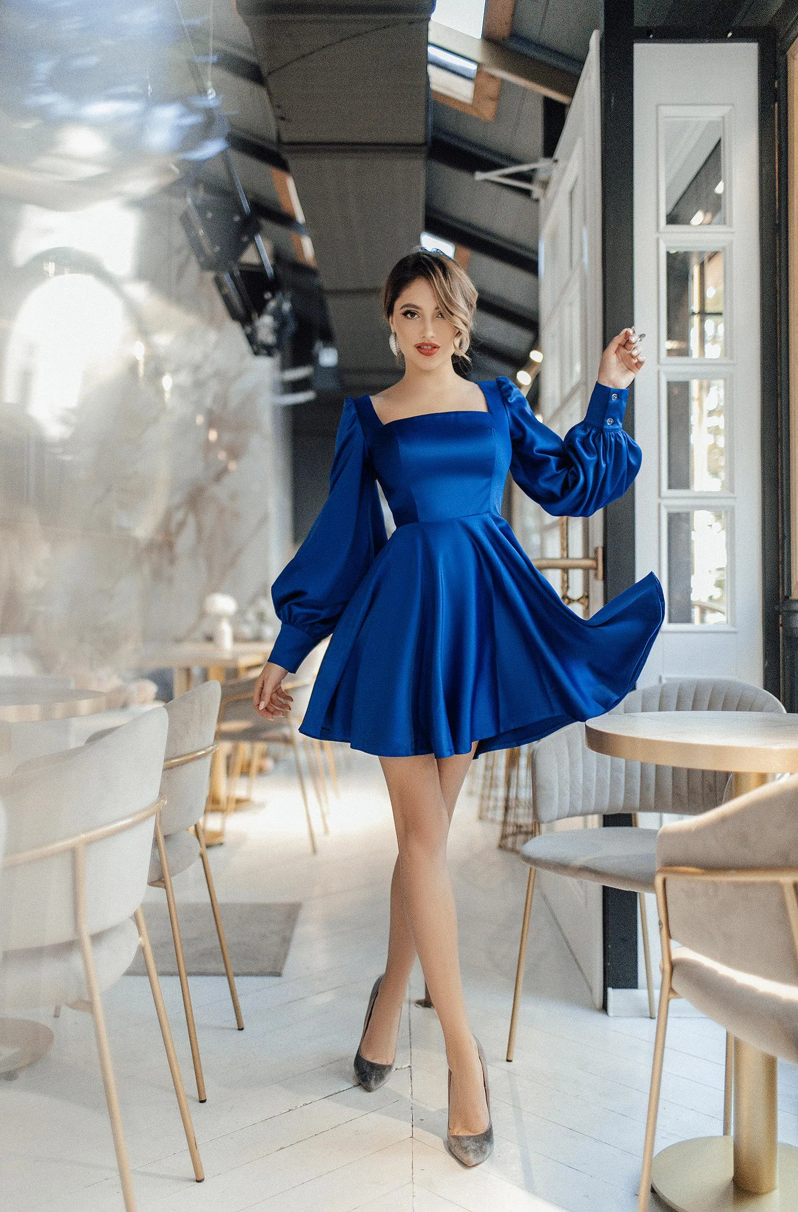 Blue Satin Long Sleeve Mini Dress