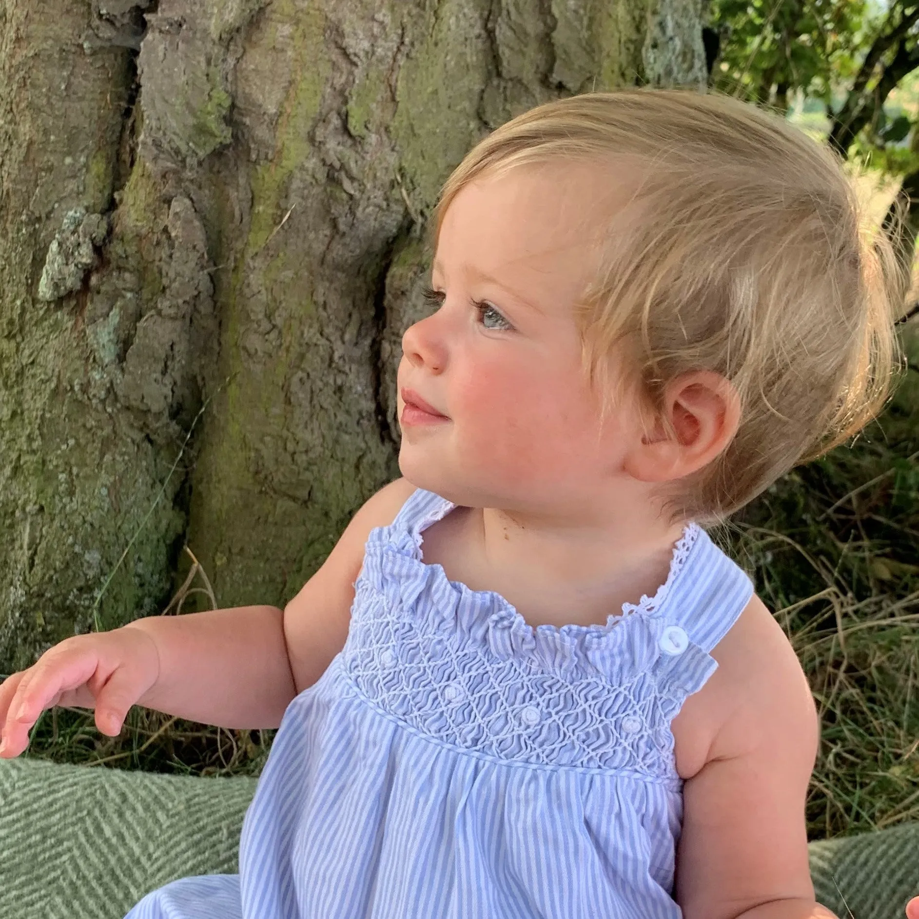 Blue Smocked Romper with white rosebuds