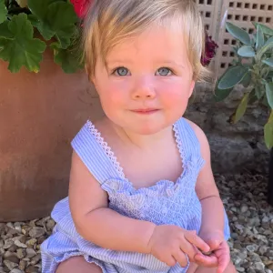 Blue Smocked Romper with white rosebuds