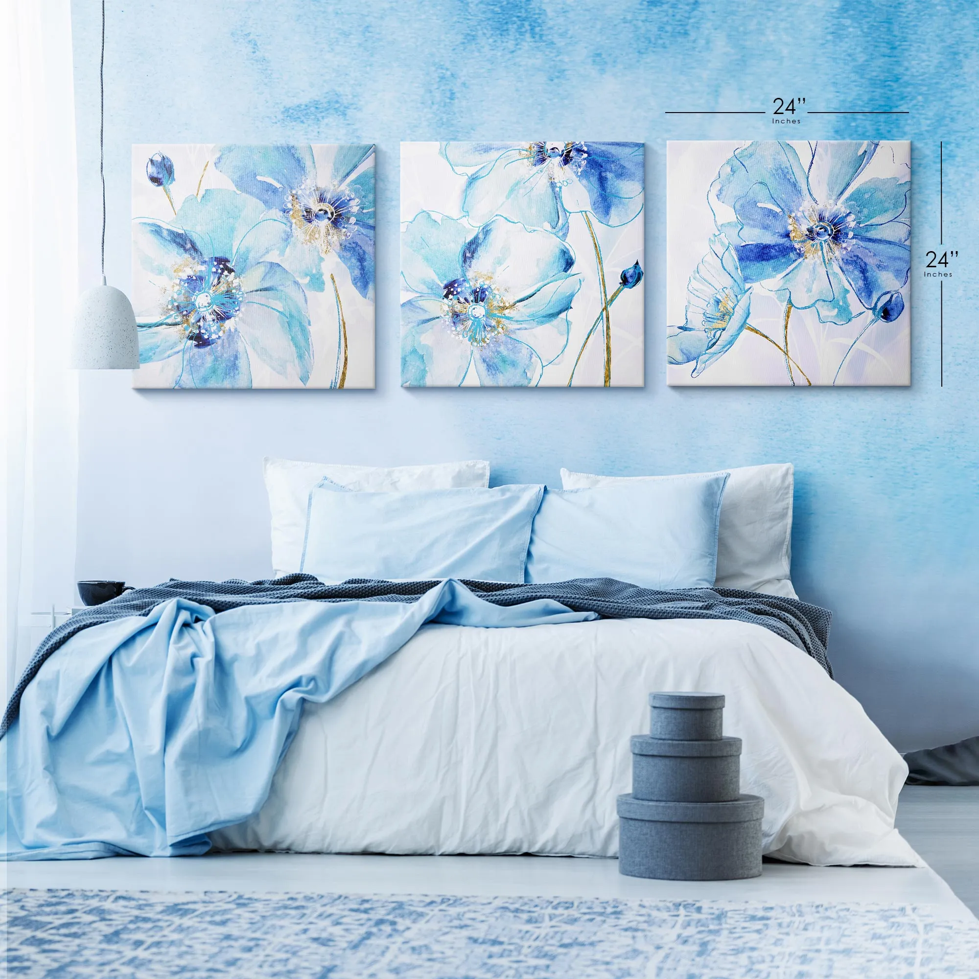 Blue Spring Poppy Canvas Wall Art Print Set of 3 - 16" x 16"
