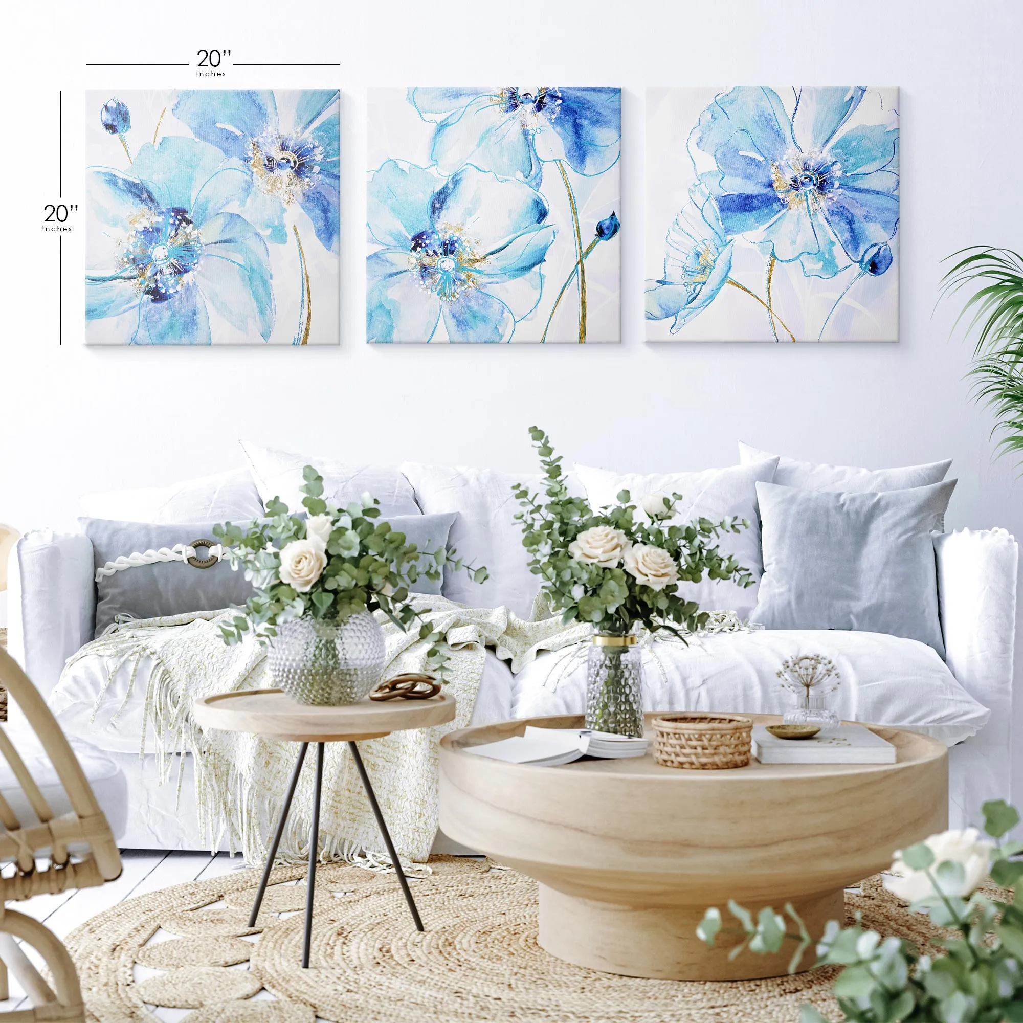 Blue Spring Poppy Canvas Wall Art Print Set of 3 - 16" x 16"