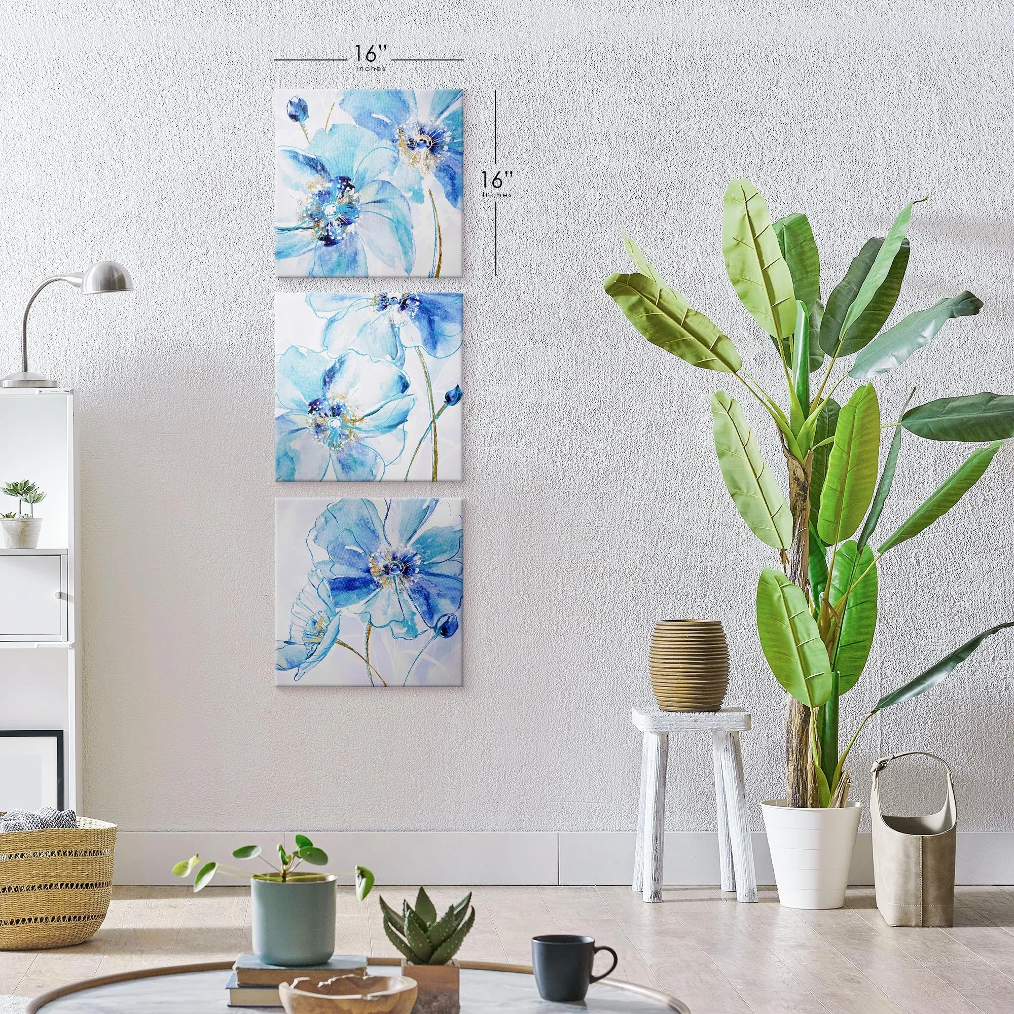 Blue Spring Poppy Canvas Wall Art Print Set of 3 - 16" x 16"