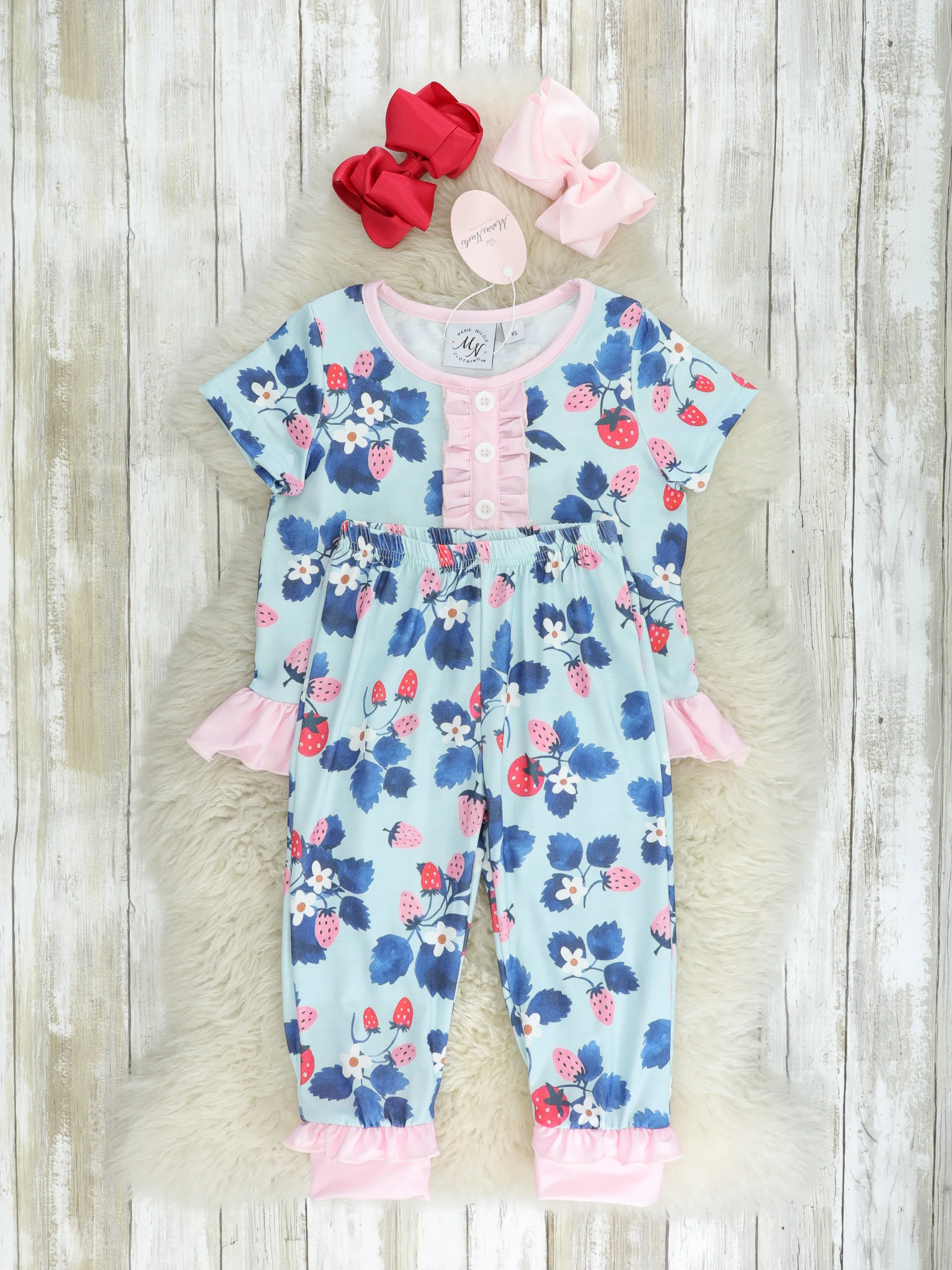 Blue Strawberry Ruffle Pajamas