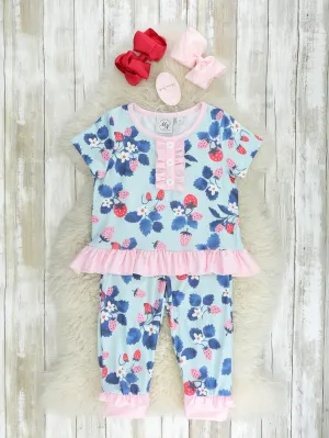 Blue Strawberry Ruffle Pajamas