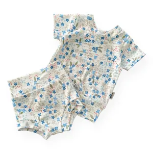 Blue Tone Dainty Flowers on White Ribbed Summer Lounge Set