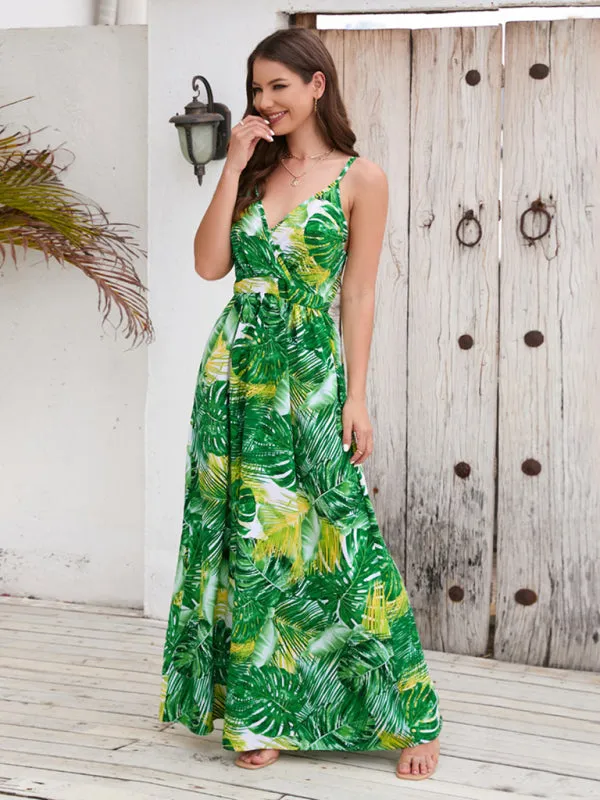 Blue Zone Planet |  Bohemian Printed Long Dress Sexy V Neck Sling Dress
