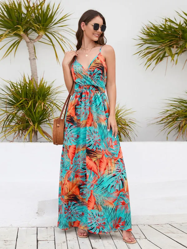 Blue Zone Planet |  Bohemian Printed Long Dress Sexy V Neck Sling Dress