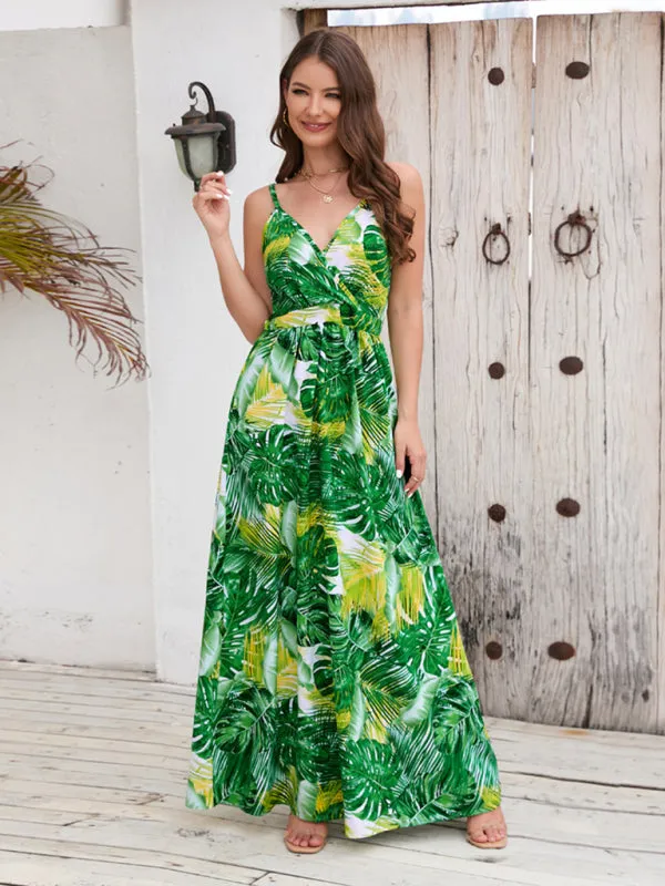 Blue Zone Planet |  Bohemian Printed Long Dress Sexy V Neck Sling Dress