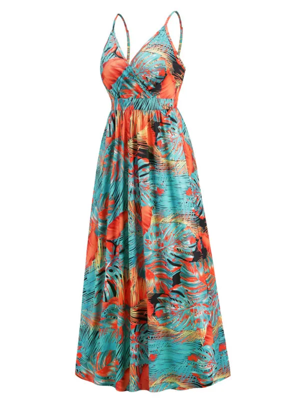 Blue Zone Planet |  Bohemian Printed Long Dress Sexy V Neck Sling Dress