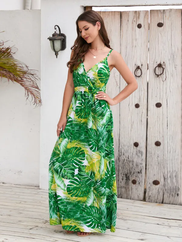 Blue Zone Planet |  Bohemian Printed Long Dress Sexy V Neck Sling Dress
