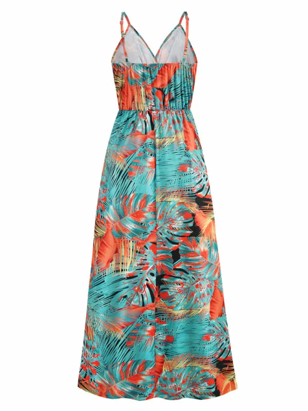 Blue Zone Planet |  Bohemian Printed Long Dress Sexy V Neck Sling Dress