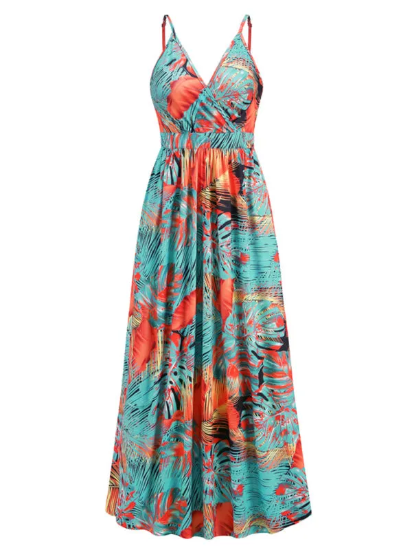 Blue Zone Planet |  Bohemian Printed Long Dress Sexy V Neck Sling Dress