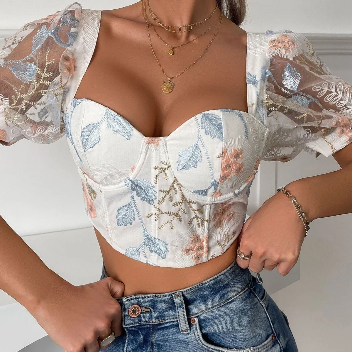 Blue Zone Planet |  Embroidered Puff Sleeve Cropped Top