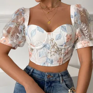 Blue Zone Planet |  Embroidered Puff Sleeve Cropped Top
