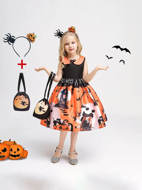 Blue Zone Planet |  Halloween children's clothing, girls cosplay witch pumpkin performance dress princess dress