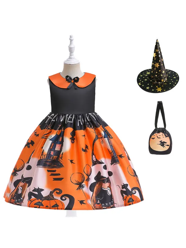 Blue Zone Planet |  Halloween children's clothing, girls cosplay witch pumpkin performance dress princess dress