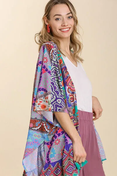 Bohemian Beauty Mixed Print Ruffle Hem Open Front Cover Up