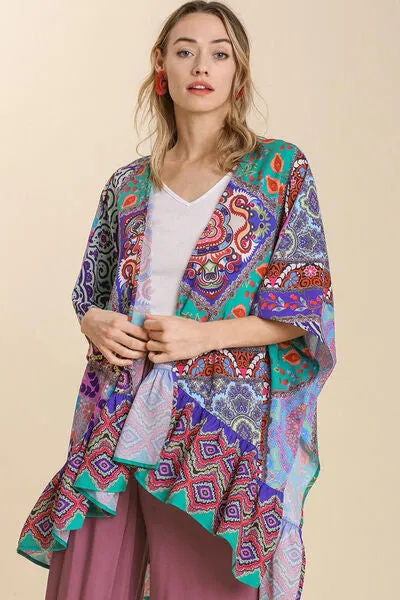 Bohemian Beauty Mixed Print Ruffle Hem Open Front Cover Up