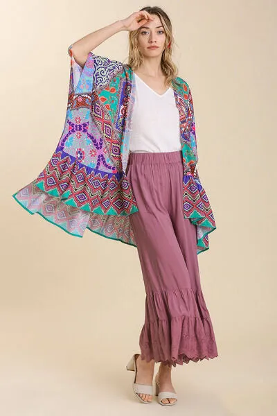 Bohemian Beauty Mixed Print Ruffle Hem Open Front Cover Up