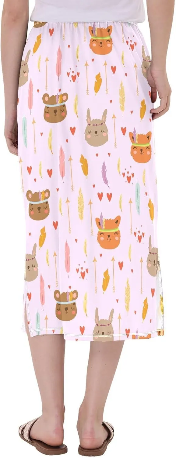 Bohemian Boho Style Cute Cartoon Animals Womens Midi Skirts Women Split Midi Skirts High Waist Summer Long Skirt