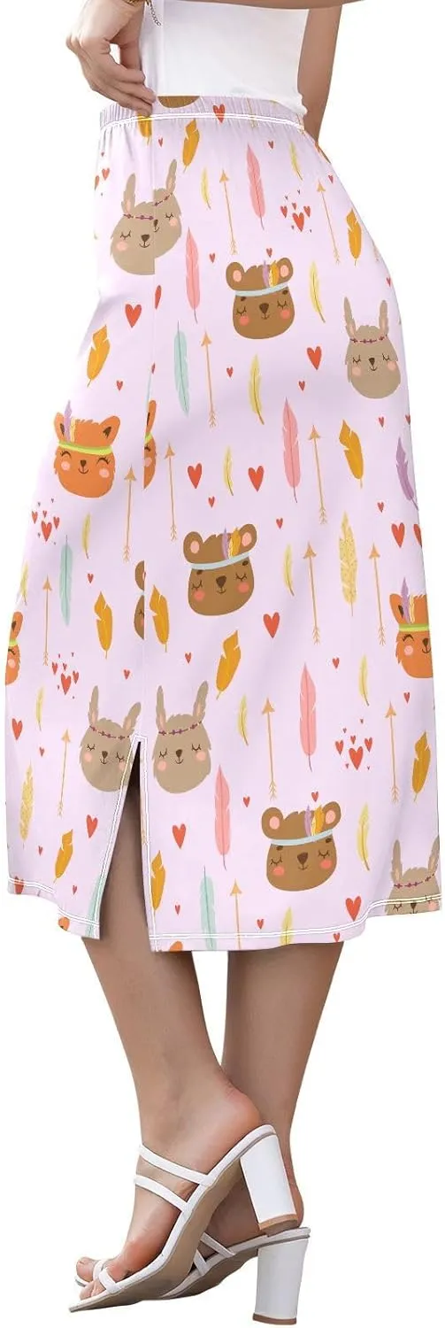 Bohemian Boho Style Cute Cartoon Animals Womens Midi Skirts Women Split Midi Skirts High Waist Summer Long Skirt