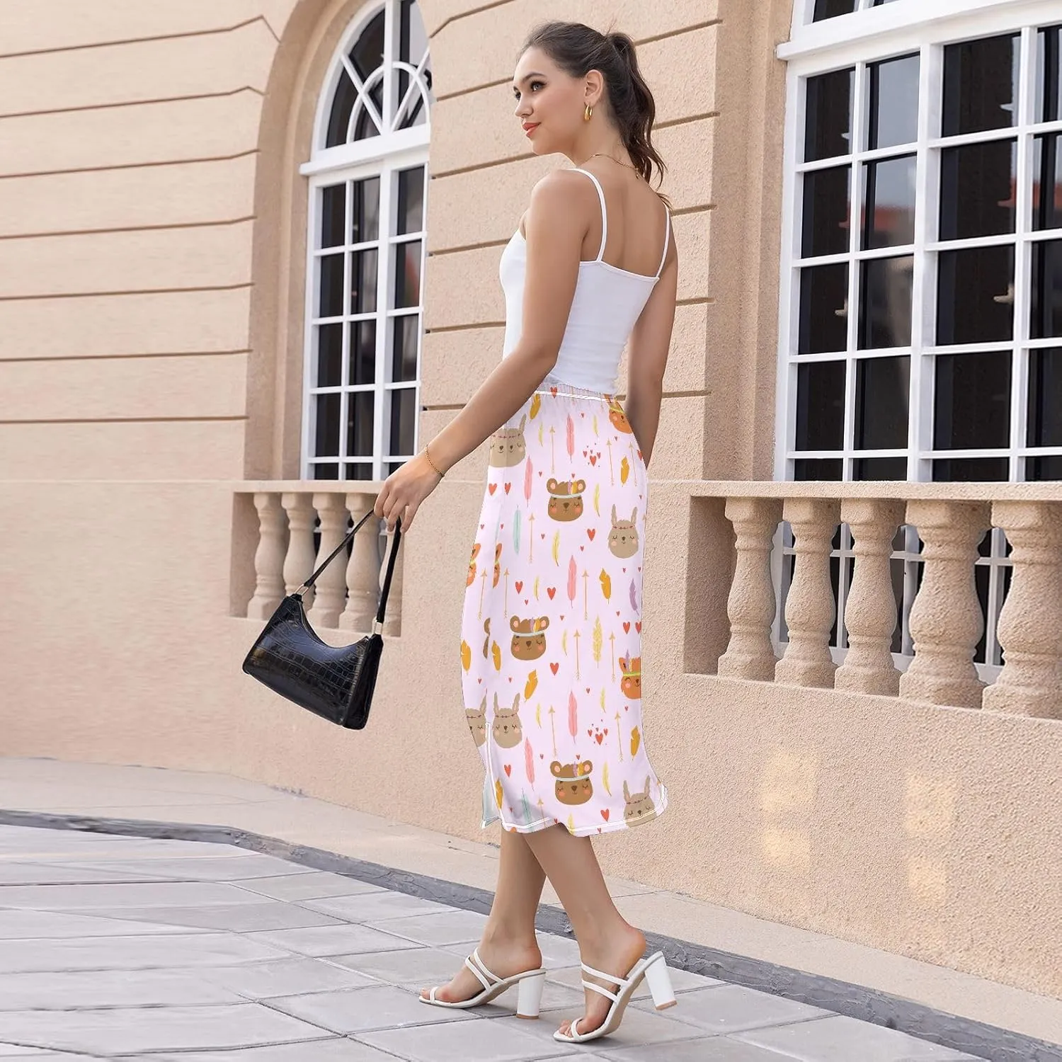 Bohemian Boho Style Cute Cartoon Animals Womens Midi Skirts Women Split Midi Skirts High Waist Summer Long Skirt