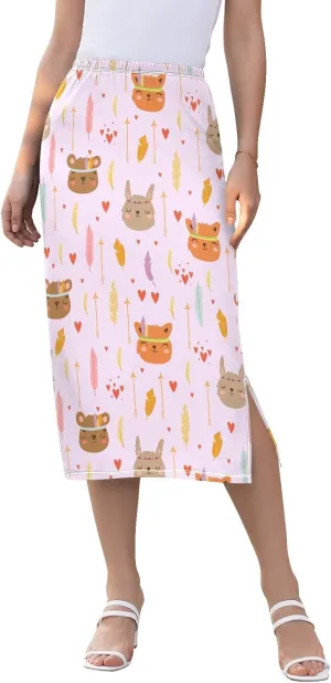 Bohemian Boho Style Cute Cartoon Animals Womens Midi Skirts Women Split Midi Skirts High Waist Summer Long Skirt