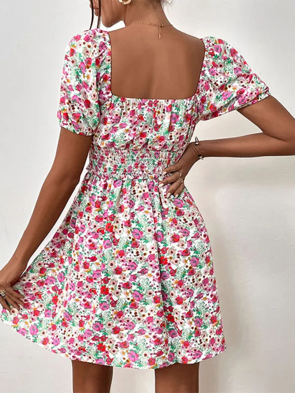Boho Floral Sweetheart A-Line Sundress with Puff Sleeves