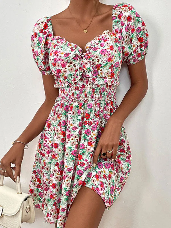 Boho Floral Sweetheart A-Line Sundress with Puff Sleeves
