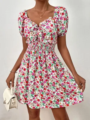 Boho Floral Sweetheart A-Line Sundress with Puff Sleeves