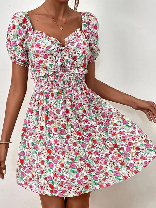 Boho Floral Sweetheart A-Line Sundress with Puff Sleeves