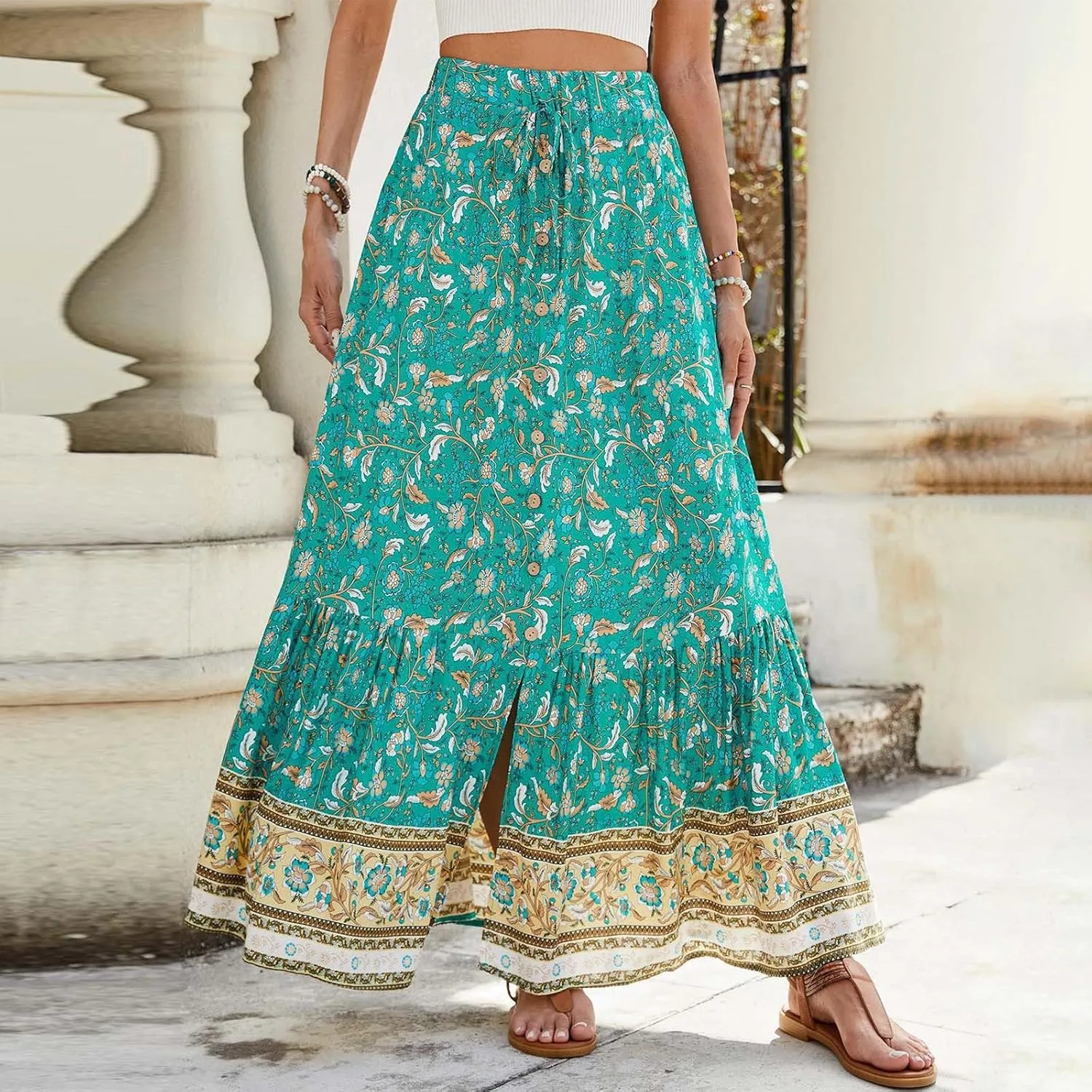 Boho Maxi Skirt Summer Vacation Casual High Elastic Waist Bohemian Graphic Boha Floral Print Skirt Trendy Streetwear