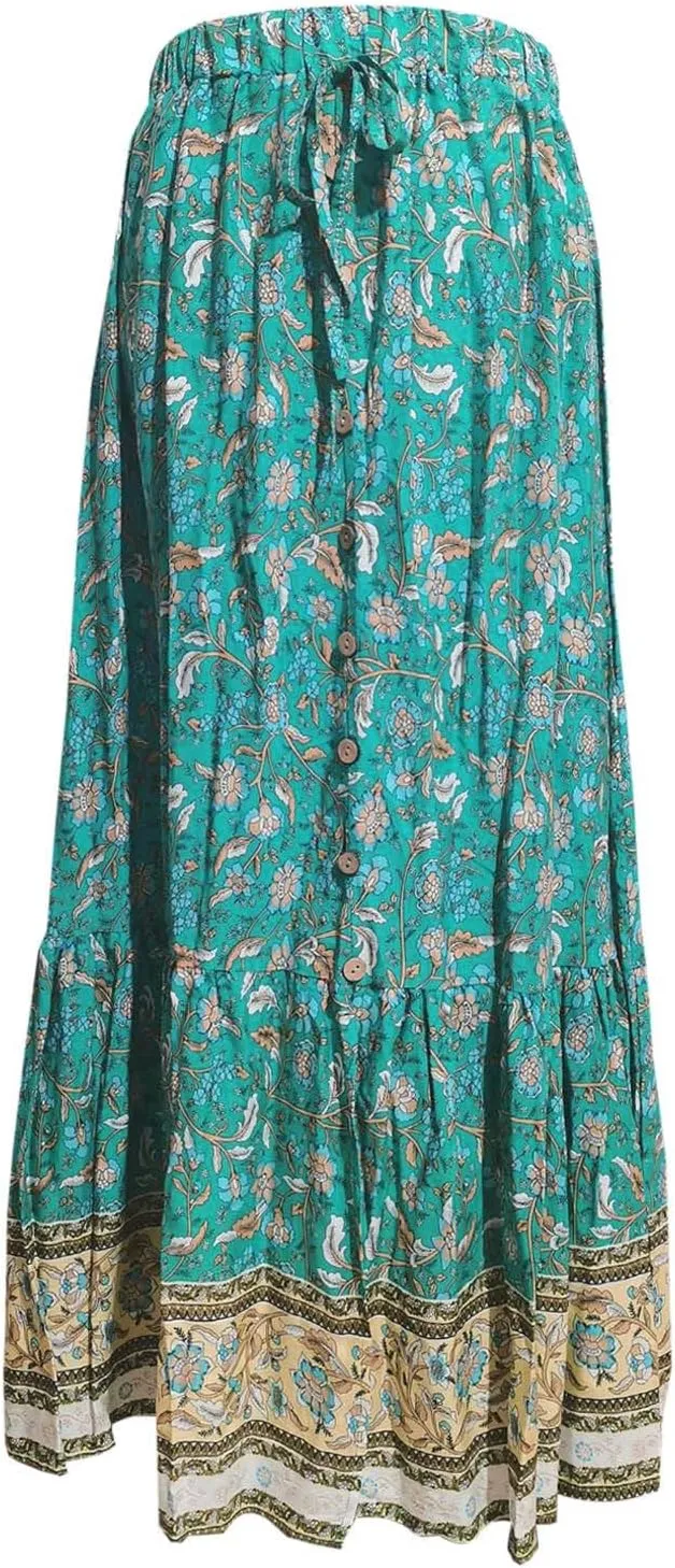 Boho Maxi Skirt Summer Vacation Casual High Elastic Waist Bohemian Graphic Boha Floral Print Skirt Trendy Streetwear