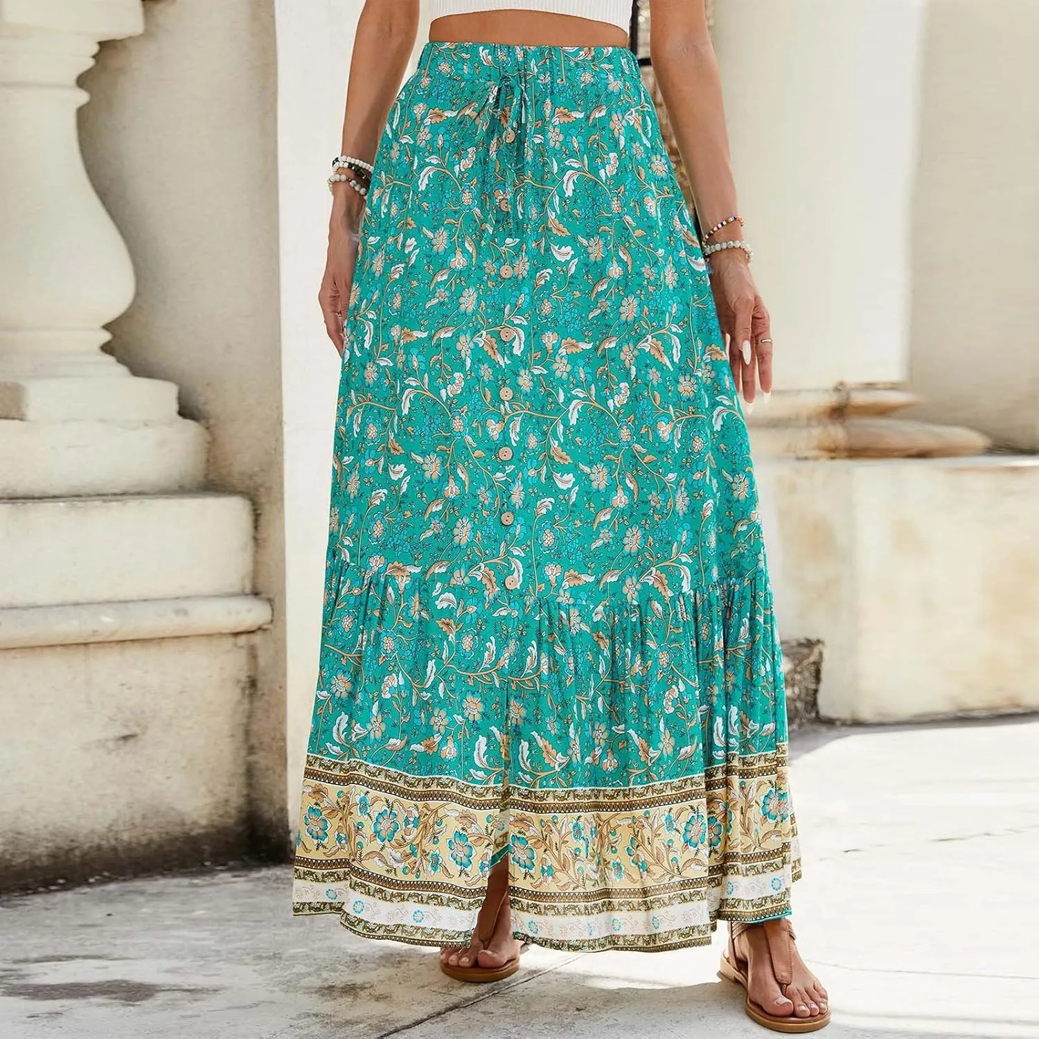 Boho Maxi Skirt Summer Vacation Casual High Elastic Waist Bohemian Graphic Boha Floral Print Skirt Trendy Streetwear