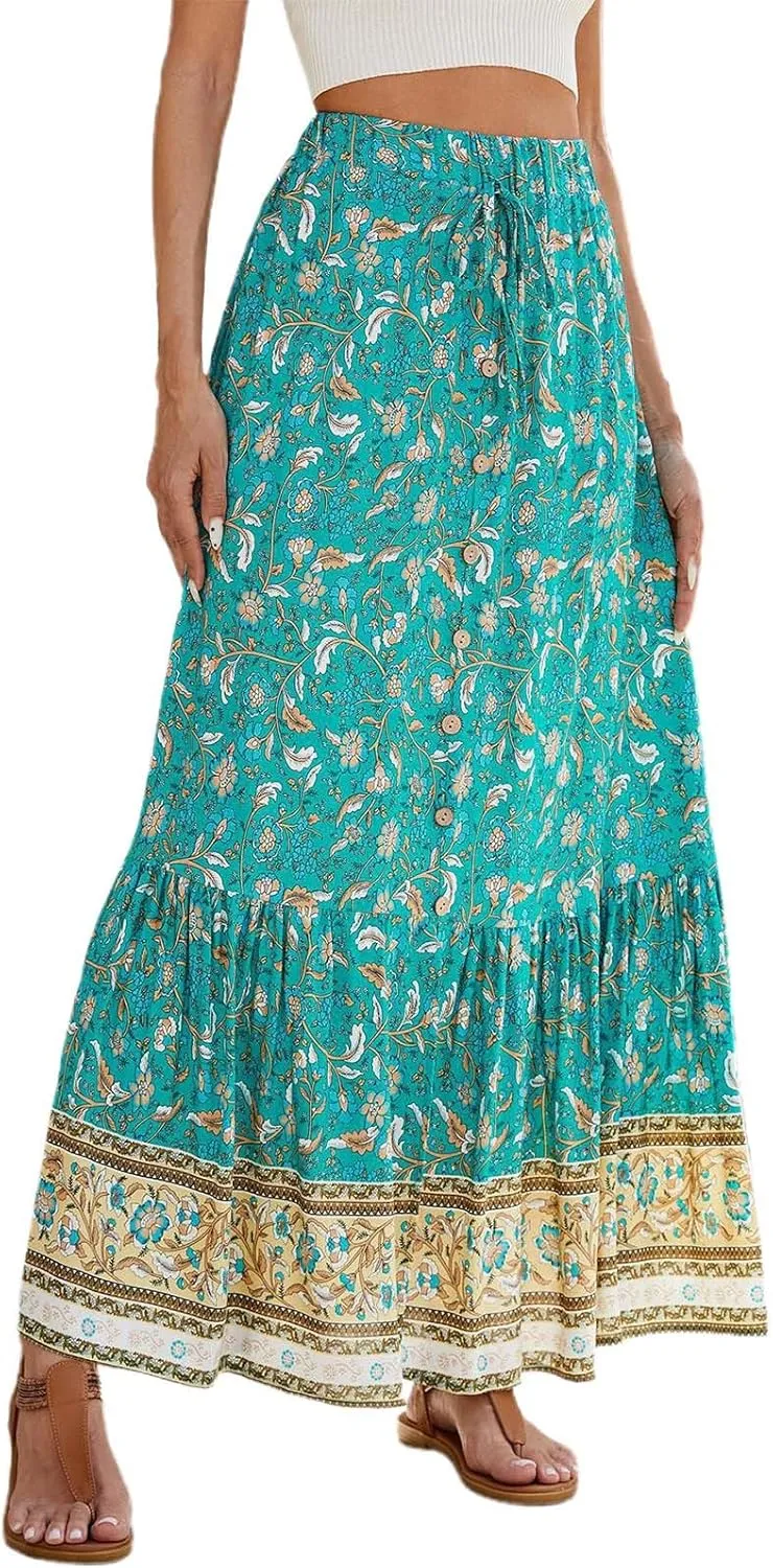 Boho Maxi Skirt Summer Vacation Casual High Elastic Waist Bohemian Graphic Boha Floral Print Skirt Trendy Streetwear
