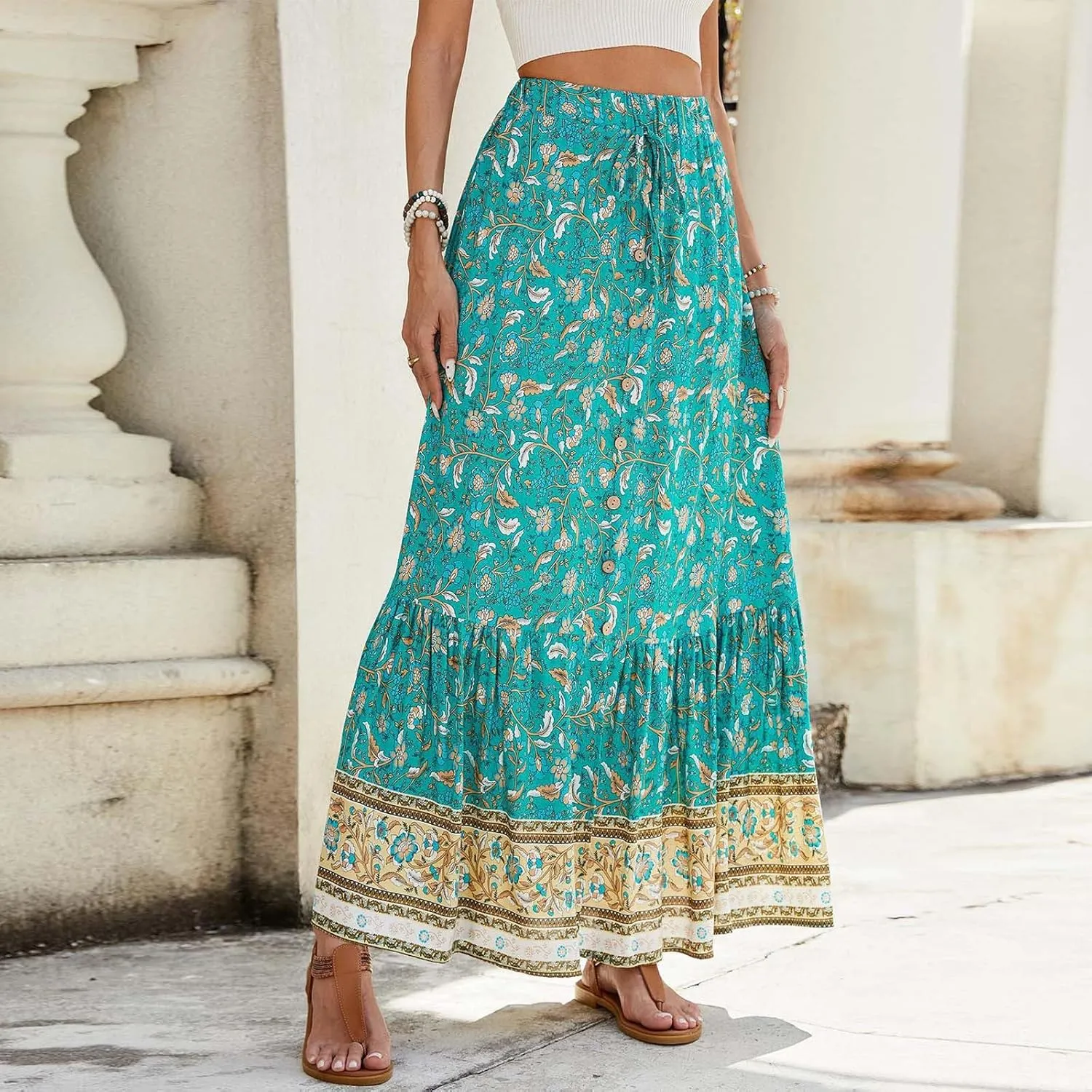 Boho Maxi Skirt Summer Vacation Casual High Elastic Waist Bohemian Graphic Boha Floral Print Skirt Trendy Streetwear