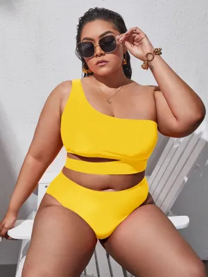 Boho Plain Cut Out One Shoulder Plus Size Bikini Sets
