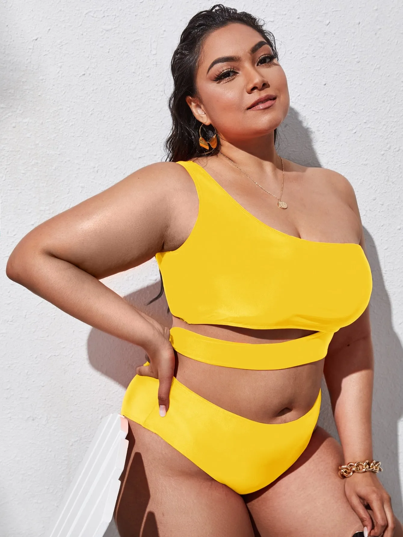 Boho Plain Cut Out One Shoulder Plus Size Bikini Sets
