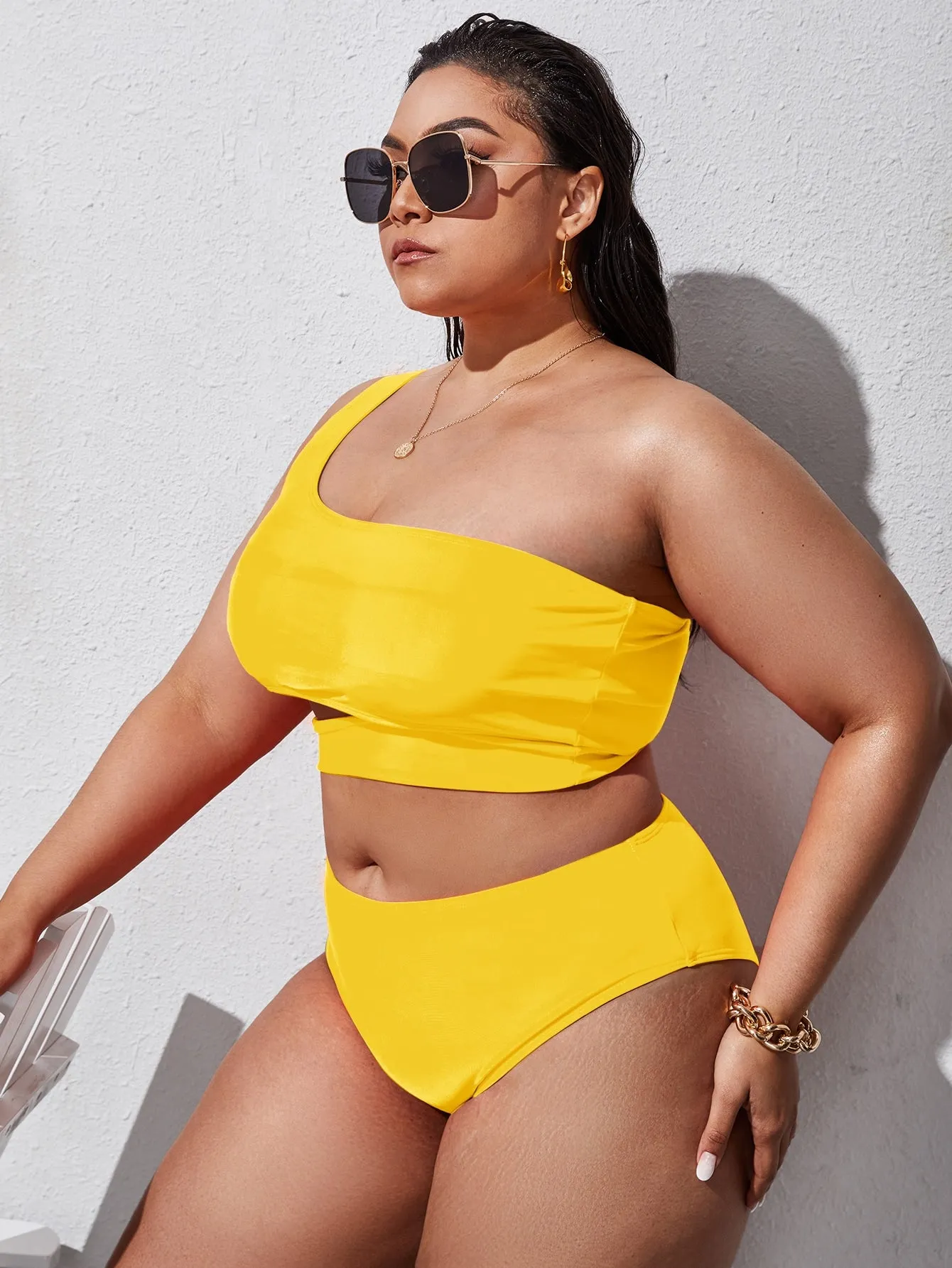 Boho Plain Cut Out One Shoulder Plus Size Bikini Sets