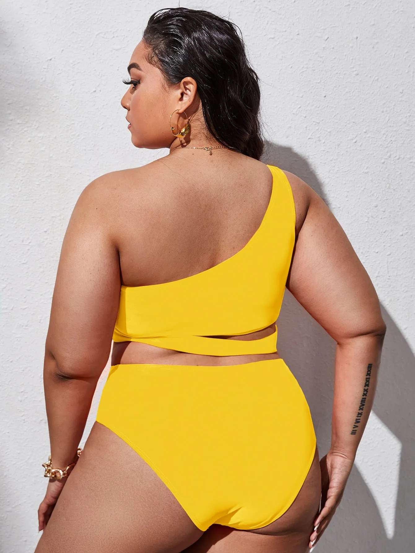Boho Plain Cut Out One Shoulder Plus Size Bikini Sets