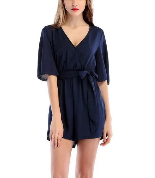 Boho Solid Ruffles Summer Playsuit Elegant  V Neck