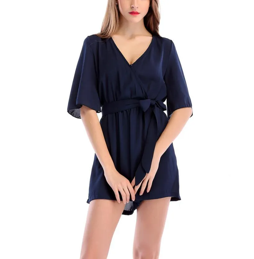 Boho Solid Ruffles Summer Playsuit Elegant  V Neck