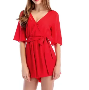 Boho Solid Ruffles Summer Playsuit Elegant  V Neck