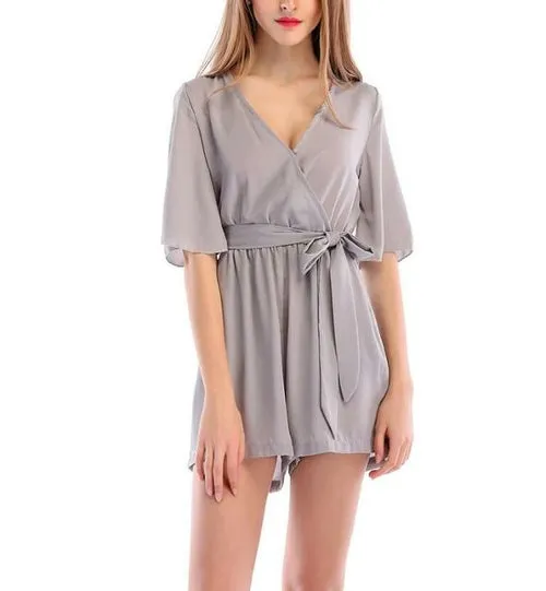 Boho Solid Ruffles Summer Playsuit Elegant  V Neck