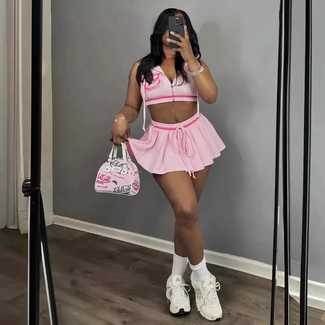 Bonnyshow Summer Hoodie Tops 2 Piece Skirt Set Women Y2K Streetwear Sexy Crop Tops Jackets Pleated Cute Dress Two Piece Set Skirts Outfits
